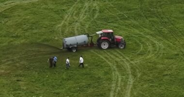Tractor spreading manure on a field.