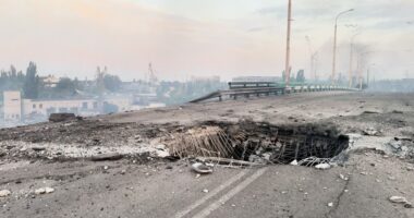 Damaged road bridge in Kherson, Ukraine, after a Russian attack.