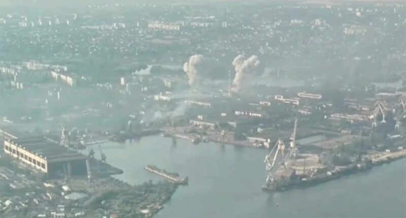 Aerial view of a bombed area in Kherson, Ukraine.