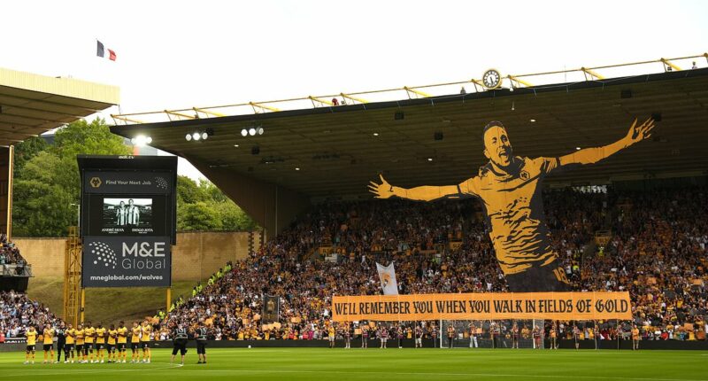 Diogo Jota's emotional widow takes in Wolves' incredible tributes to former Liverpool star as his ex team-mates fight back tears during minute's applause