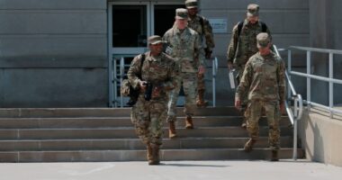 National Guard members descending steps.