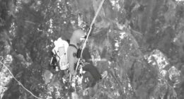 Drones with floodlights were used to light up the area as rescuers ﻿abseiled to her in a rescue which took six hours.