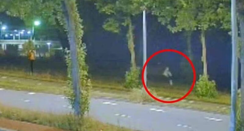 Nighttime security camera footage of a person running along a road.