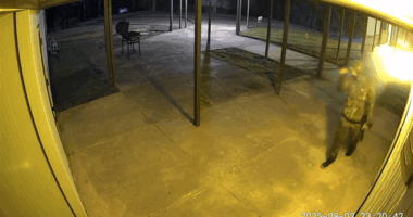 Surveillance video still image of a person in camouflage at night.