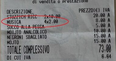 Receipt showing an 8.00 euro music charge.