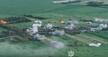 Aerial view of explosions in a field.