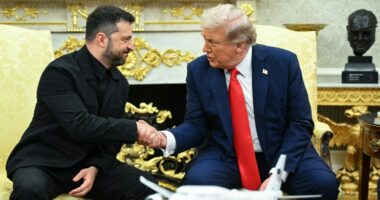 Zelensky and Trump shaking hands in the Oval Office.