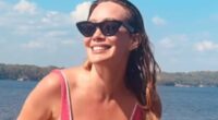 Hilary Duff, 37, looks slender in a low-cut pink swimsuit thanks to 'mindful eating'... after welcoming 4th child