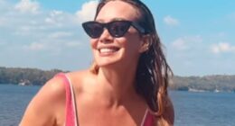 Hilary Duff, 37, looks slender in a low-cut pink swimsuit thanks to 'mindful eating'... after welcoming 4th child