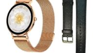 Smartwatch with rose gold mesh band and extra black leather bands.