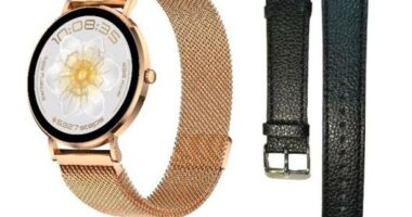 Smartwatch with rose gold mesh band and extra black leather bands.