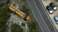 Aerial view of a school bus on its side after an accident, with police vehicles at the scene.