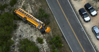 Aerial view of a school bus on its side after an accident, with police vehicles at the scene.