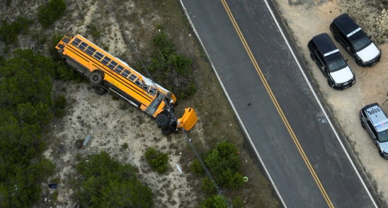 Aerial view of a school bus on its side after an accident, with police vehicles at the scene.