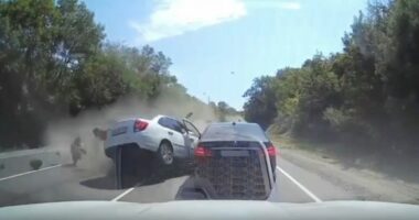 Five-car crash caused by van making illegal U-turn.
