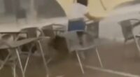A waitress struggles to hold onto a patio umbrella during a strong windstorm.