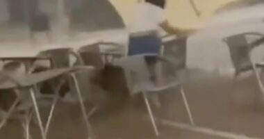 A waitress struggles to hold onto a patio umbrella during a strong windstorm.