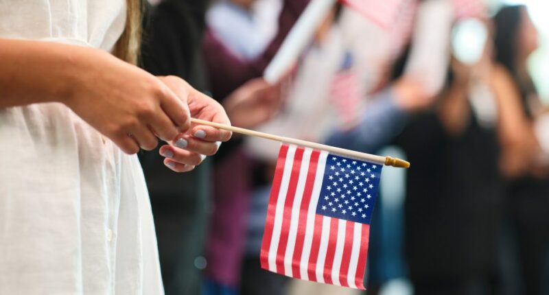 Person holding a small American flag at a naturalization ceremony.
