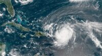 Satellite image of Hurricane Erin, a Category 4 storm near the Caribbean.