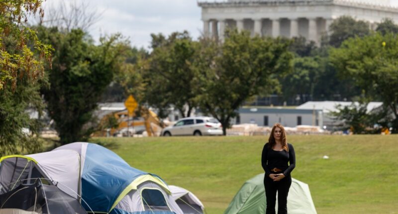 Woman stands in front of tents with the Lincoln Memorial in the background.