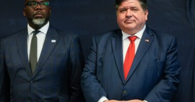 Illinois Gov. JB Pritzker, right, stands with Chicago Mayor Brandon Johnson during a Democratic National Convention security briefing at the U.S. Secret Service's Chicago Field Office Thursday, July 25, 2024, in Chicago. (AP Photo/Erin Hooley)