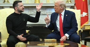 Presidents Trump and Zelenskyy meeting in the Oval Office.