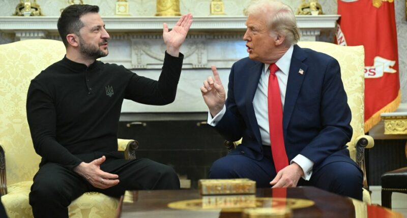 Presidents Trump and Zelenskyy meeting in the Oval Office.