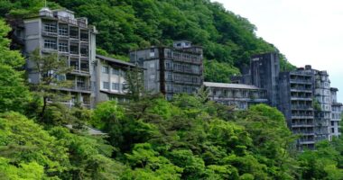 Overgrown abandoned hotel buildings on a hillside.