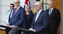 Prime Minister Anthony Albanese and ASIO Director General Mike Burgess at a press conference at Parliament House in Canberra on Tuesday 26 August 2025.
