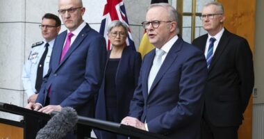 Prime Minister Anthony Albanese and ASIO Director General Mike Burgess at a press conference at Parliament House in Canberra on Tuesday 26 August 2025.