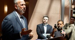 Clark County District Attorney Steve Wolfson addresses the media about the guilty verdict in former Clark County Public Administrator Robert Telles trial for the murder of Las Vegas Review-Journal investigative reporter Jeff German at the Regional Justice Court Wednesday, Aug. 28, 2024, in Las Vegas, (Bizuayehu Tesfaye/Las Vegas Review-Journal via AP)