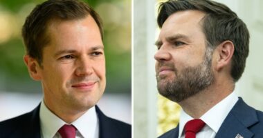Robert Jenrick (L) shares similar views to JD Vance — such as the need to crack down aggressively on irregular migration and uphold free speech