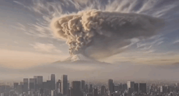 A screenshot of an AI video released by Japan's government, warning of the impacts on Tokyo if Mount Fuji was to erupt.