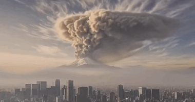 A screenshot of an AI video released by Japan's government, warning of the impacts on Tokyo if Mount Fuji was to erupt.