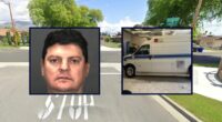 Inset, left to right: Guillermo Cascante and the van he allegedly used to kidnap an 11-year-old girl in California (San Bernardino Sheriff's Office). The corner where the victim was allegedly abducted (Google Maps).