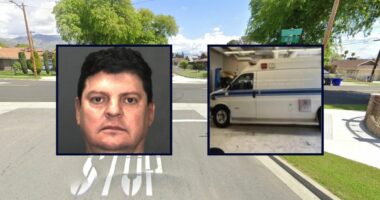Inset, left to right: Guillermo Cascante and the van he allegedly used to kidnap an 11-year-old girl in California (San Bernardino Sheriff's Office). The corner where the victim was allegedly abducted (Google Maps).