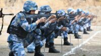 Chinese marines participating in a riflery competition.