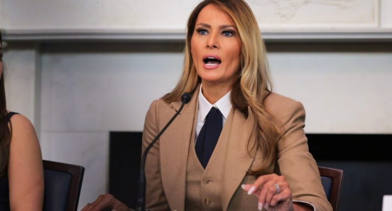 Melania Trump speaking at a roundtable discussion.