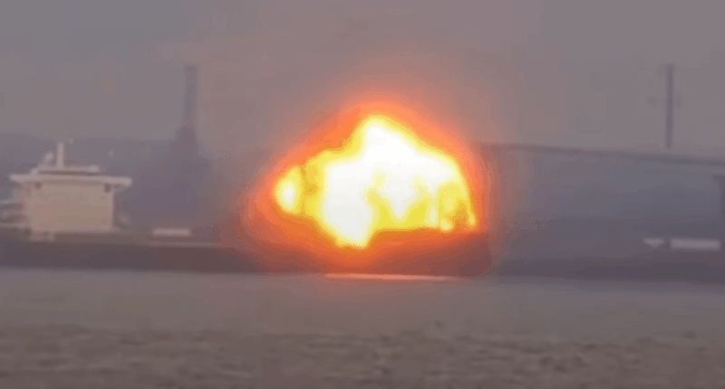 Large explosion near a ship.