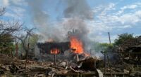 House burning in Iverske, Ukraine after a drone strike.