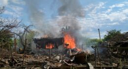 House burning in Iverske, Ukraine after a drone strike.