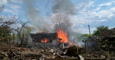 House burning in Iverske, Ukraine after a drone strike.