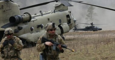 Soldiers and helicopters during a NATO military exercise.