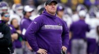 FILE - Northwestern head coach Pat Fitzgerald stands on the sideline during the first half of an NCAA college football game against Michigan, Oct. 23, 2021, in Ann Arbor, Mich. (AP Photo/Carlos Osorio, File)