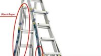 Illustration of a Werner ladder, highlighting the black rope and product label with item number and UPC.
