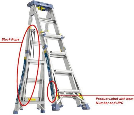 Illustration of a Werner ladder, highlighting the black rope and product label with item number and UPC.