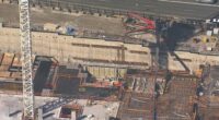 An aerial shot of a construction site in Carlingford, Sydney, where one man died in an accident.