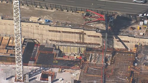 An aerial shot of a construction site in Carlingford, Sydney, where one man died in an accident.