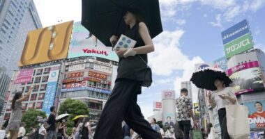 People walk along Shibuya scramble crossing under hot and sunny weather, Wednesday, Aug. 28, 2024, in Tokyo. (AP Photo/Eugene Hoshiko)