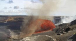 In this image released by the U.S. Geological Survey, the Kilauea volcano spews lava on Friday, Aug. 22, 2025, in Hawaii Volcanoes National Park, Hawaii. (M. Zoeller/U.S. Geological Survey via AP)